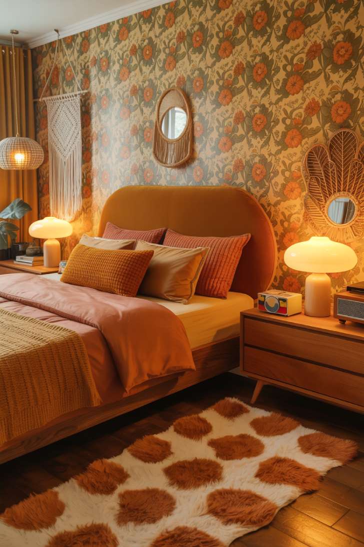 A 1970s retro-inspired guest bedroom with burnt orange floral wallpaper, teak platform bed, avocado green and harvest gold accents, and mushroom-shaped ceramic table lamps