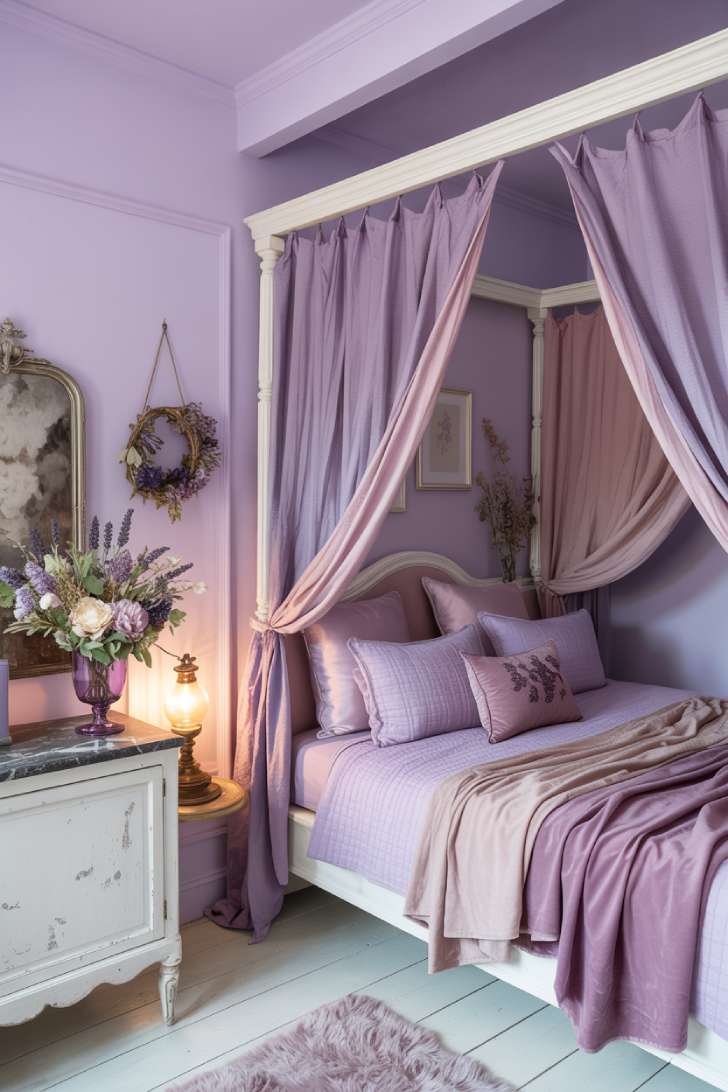A romantic guest bedroom with wisteria lavender walls, pale lilac ceiling, white canopy four-poster bed with amethyst sheer curtains, and dried floral decor