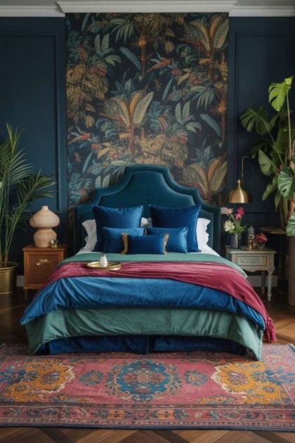 A colorful guest bedroom
