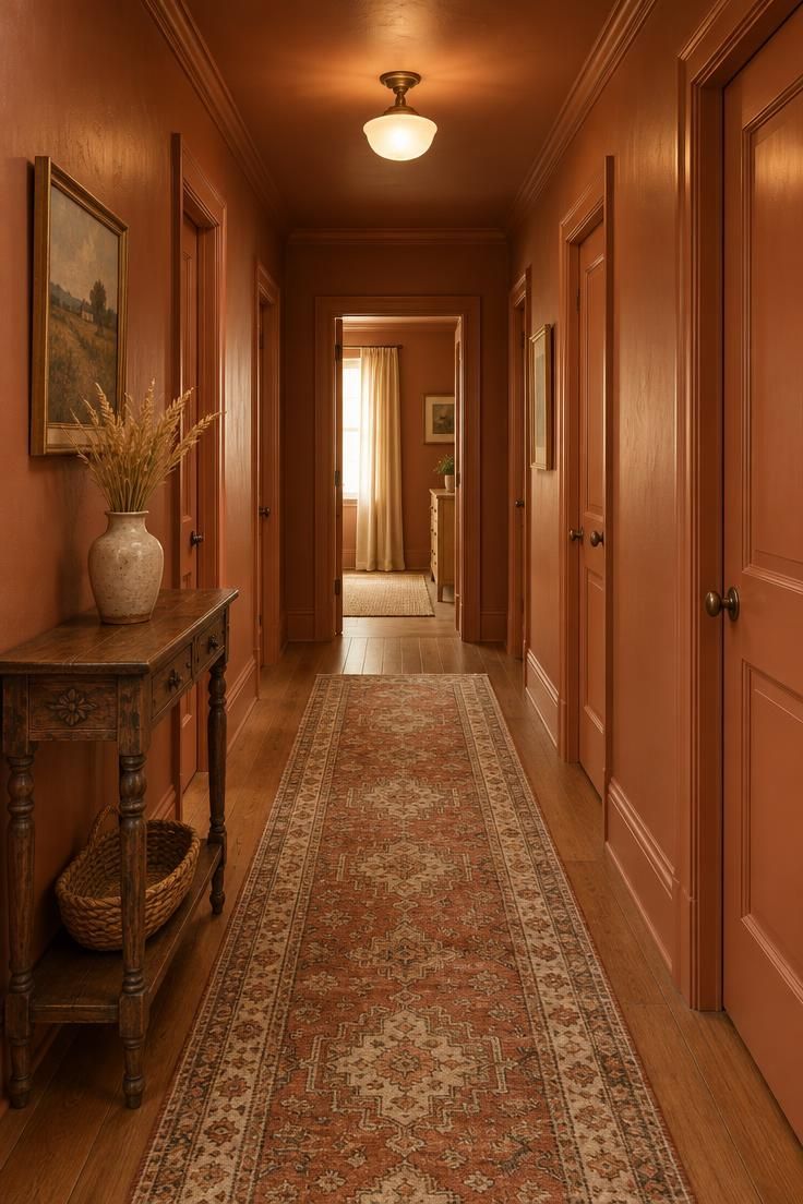 11 Cheerful Colorful Hallway Ideas for a Warm Welcome Home 1 Warm terracotta corridor with matching walls, trim, ceiling, and doors, a narrow antique runner, and a small wood console with dried wheat.