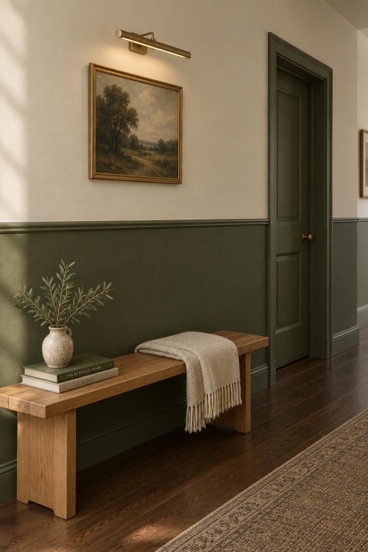 11 Cheerful Colorful Hallway Ideas for a Warm Welcome Home 2 Corridor wall with a deep olive lower band and cream upper wall divided by a slim trim cap, with a low oak bench and folded throw.