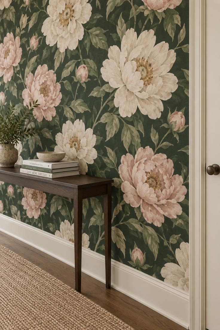11 Cheerful Colorful Hallway Ideas for a Warm Welcome Home 3 Forest green botanical wallpaper with oversized cream and blush blossoms, a slim dark console, and a jute runner on a quiet floor.