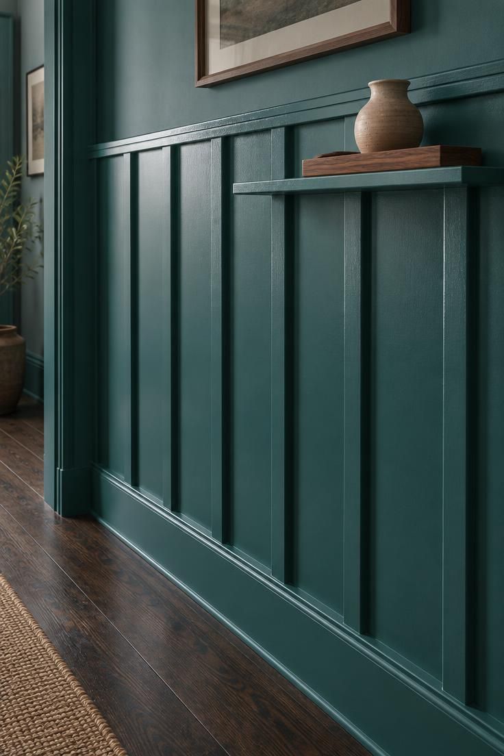 11 Cheerful Colorful Hallway Ideas for a Warm Welcome Home 4 Tone-on-tone teal board-and-batten paneling with visible shadow lines, a walnut tray, and a single clay ceramic on a slim shelf.