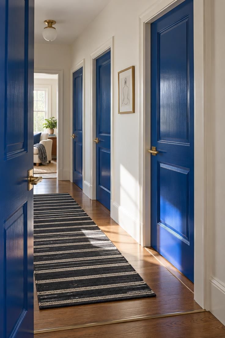 11 Cheerful Colorful Hallway Ideas for a Warm Welcome Home 5 Warm white hallway with a row of cobalt blue doors and brass hardware, a striped flatweave runner, and one small framed drawing.