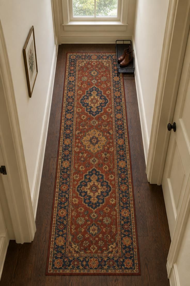 11 Cheerful Colorful Hallway Ideas for a Warm Welcome Home 6 Overhead view of a jewel-toned patterned runner running down a narrow hallway with cream walls and exposed wood floor at each side.