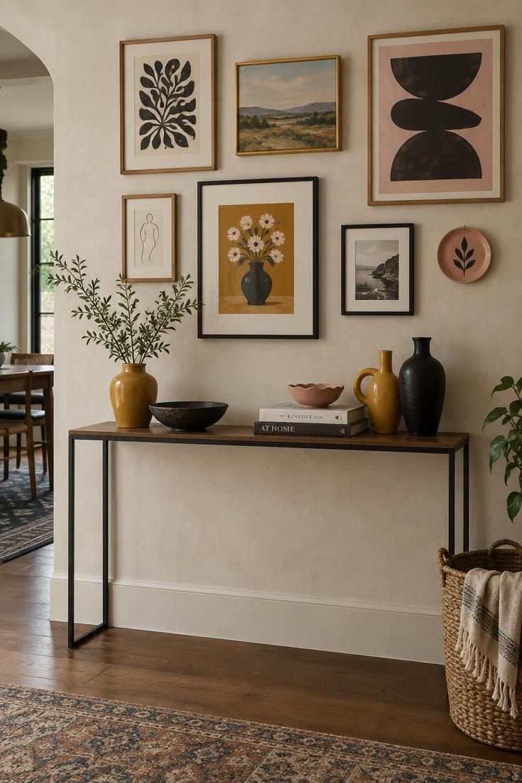 11 Cheerful Colorful Hallway Ideas for a Warm Welcome Home 7 Slim console with mismatched framed prints above and a grouping of mustard, blush, and black ceramics on a pale plaster wall.