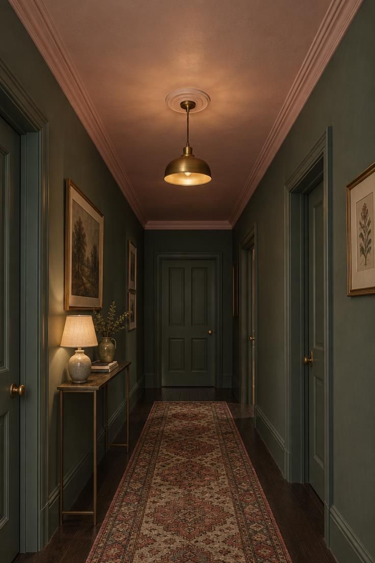 11 Cheerful Colorful Hallway Ideas for a Warm Welcome Home 8 Dusty pink ceiling with a small brass pendant and crown molding painted to match, above a green-gray corridor with an antique runner.