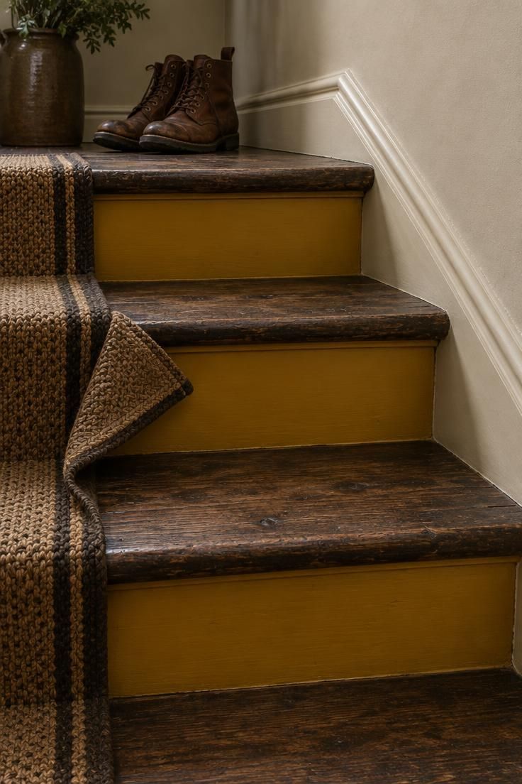 11 Cheerful Colorful Hallway Ideas for a Warm Welcome Home 9 Mustard yellow painted stair risers with dark wood treads, a folded-back woven runner, and leather boots on the landing.