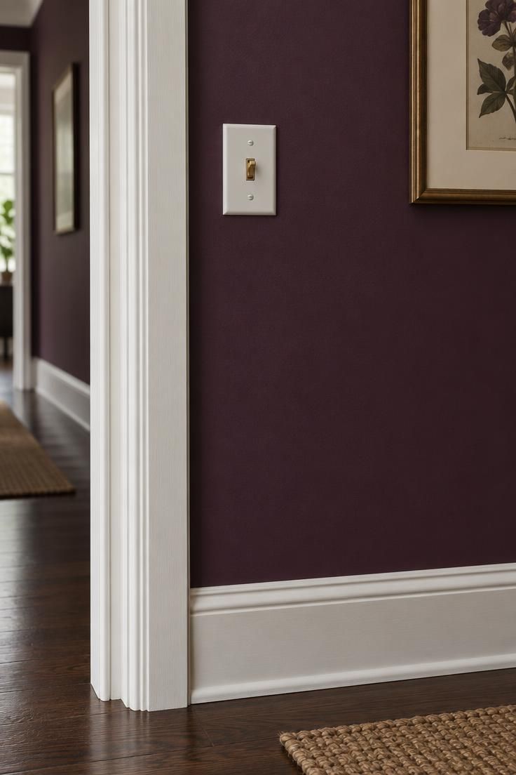 11 Cheerful Colorful Hallway Ideas for a Warm Welcome Home 10 Deep aubergine hallway wall with soft white trim, baseboard, and switch plate, a brass toggle, and a narrow wood floor.