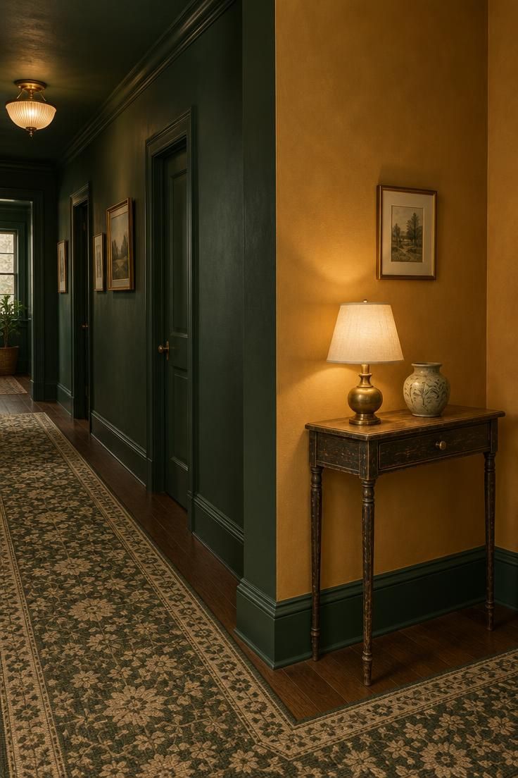 11 Cheerful Colorful Hallway Ideas for a Warm Welcome Home 11 L-shaped hallway with forest green surfaces down one run and a warm ochre wall around the corner, with a console and lamp at the turn.