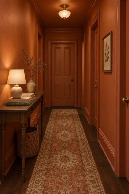 11 Cheerful Colorful Hallway Ideas for a Warm Welcome Home Warm terracotta color-drenched hallway with a wood console, small lamp, vintage runner, and single framed botanical print.
