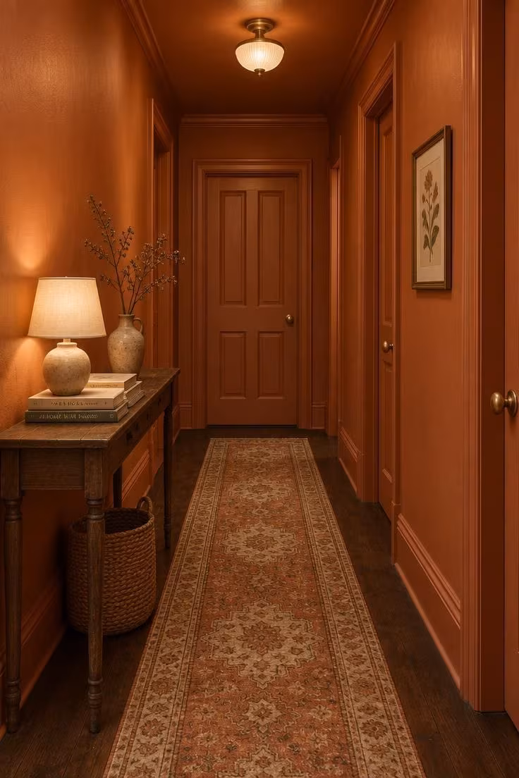 Simple Spaces 14 Warm terracotta color-drenched hallway with a wood console, small lamp, vintage runner, and single framed botanical print.