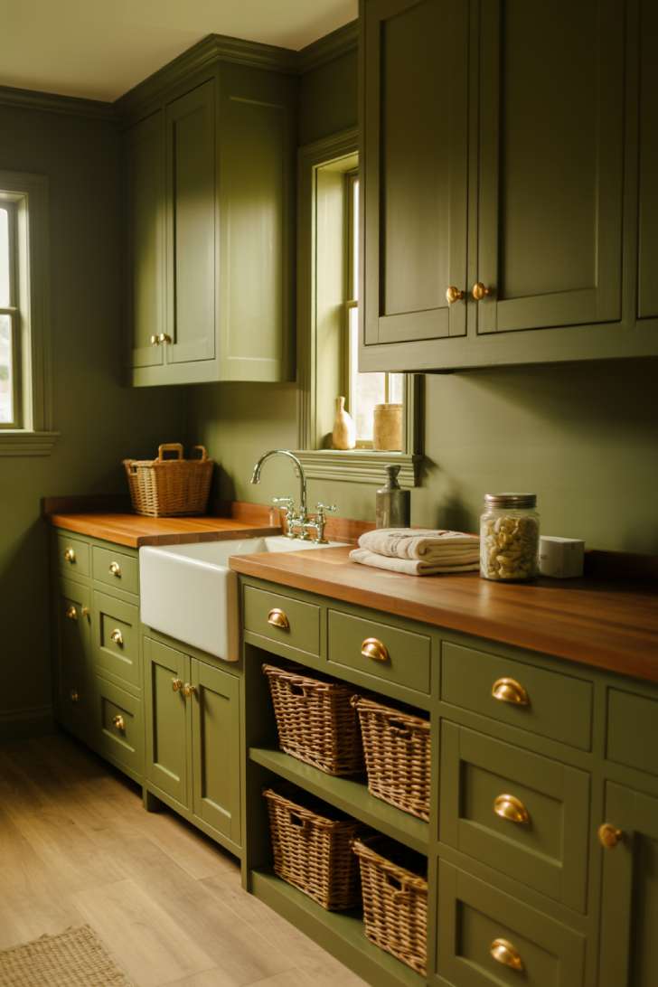 11 Dreamy Colorful Laundry Room Ideas You Need to See 1 A sage green laundry room with brass hardware, butcher block countertop, and woven baskets in warm natural light