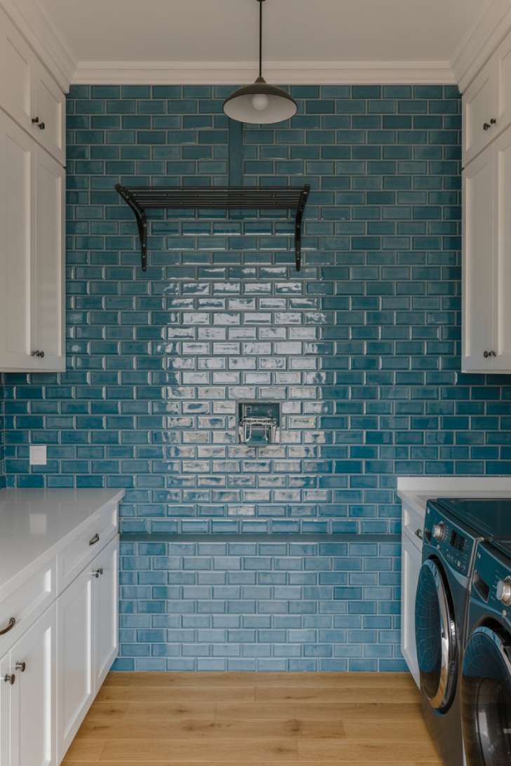 11 Dreamy Colorful Laundry Room Ideas You Need to See 10 A laundry room with a full-height cobalt blue tile wall, white Shaker cabinets, matte black hardware, and oak hardwood floors
