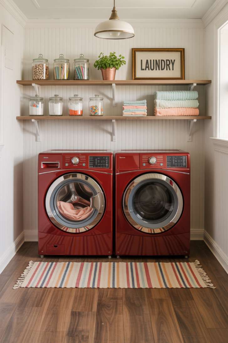 11 Dreamy Colorful Laundry Room Ideas You Need to See 11 A laundry room with retro candy red appliances, open wooden shelving with curated colorful accessories, and a striped cotton rug