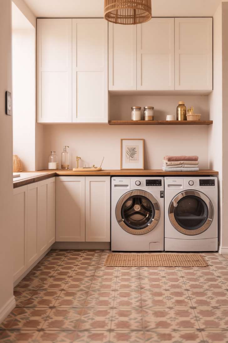 11 Dreamy Colorful Laundry Room Ideas You Need to See 3 A laundry room with Moroccan-inspired patterned tile floor in terracotta and pink tones, white cabinets, and a rattan pendant light