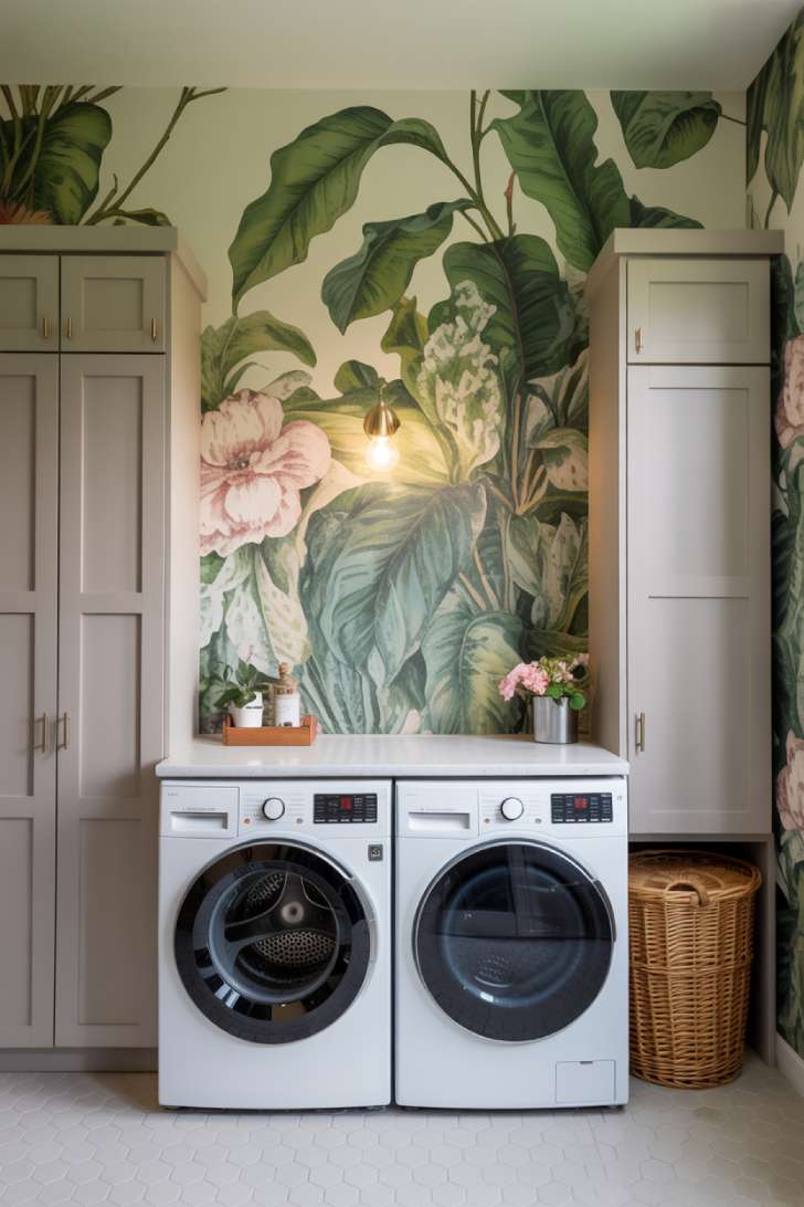 11 Dreamy Colorful Laundry Room Ideas You Need to See 4 A laundry room with large-scale botanical wallpaper behind white appliances, gray cabinets, and brushed gold hardware