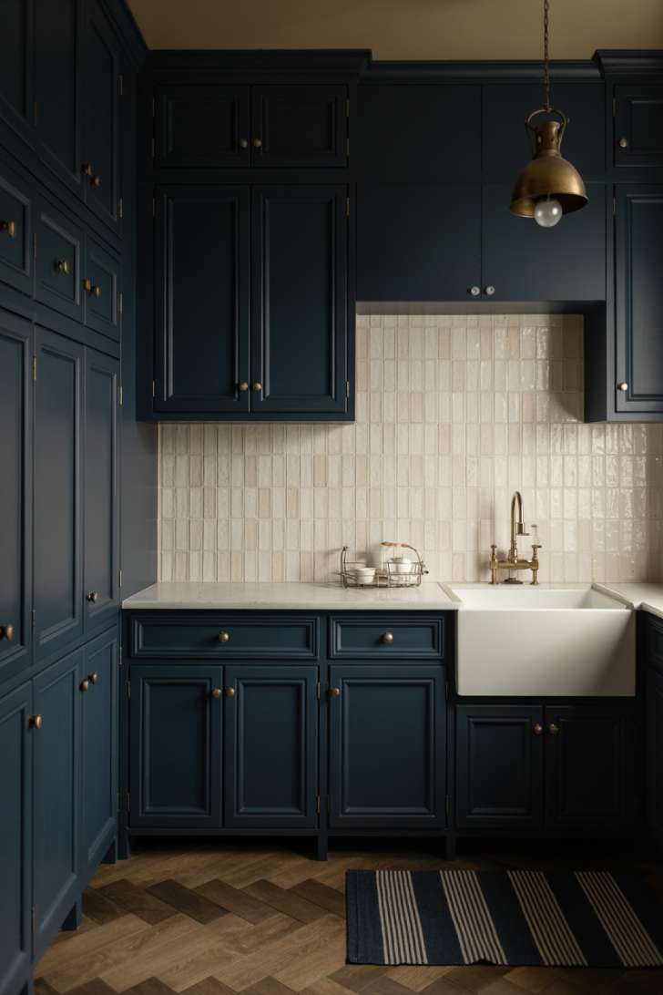 11 Dreamy Colorful Laundry Room Ideas You Need to See 5 A moody laundry room with deep navy cabinets, zellige tile backsplash, brass fixtures, and herringbone wood floor