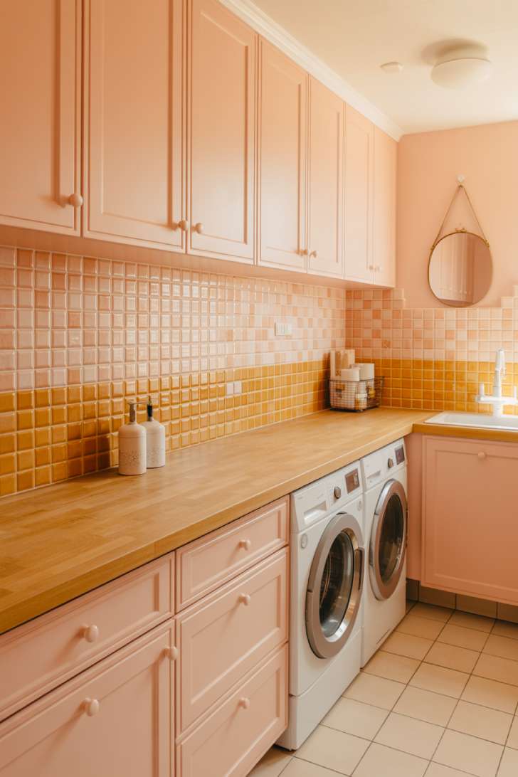11 Dreamy Colorful Laundry Room Ideas You Need to See 6 A laundry room featuring a gradient glass tile backsplash transitioning from blush to amber, with soft pink cabinets and warm lighting