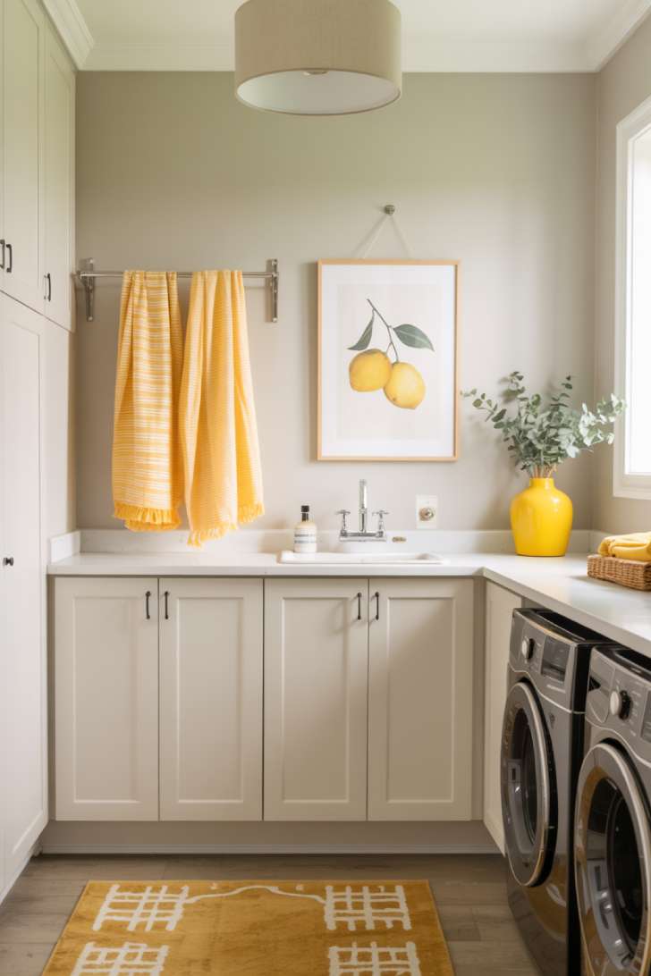 11 Dreamy Colorful Laundry Room Ideas You Need to See 7 A gray and white laundry room with cheerful yellow accents including a patterned rug, citrus artwork, and a yellow ceramic vase