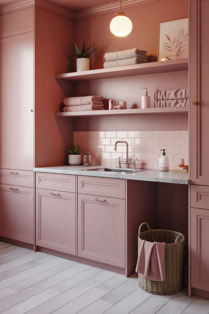 11 Dreamy Colorful Laundry Room Ideas You Need to See 8 A dusty pink laundry room with tonal mauve cabinets, white marble countertop, brass hardware, and soft warm lighting