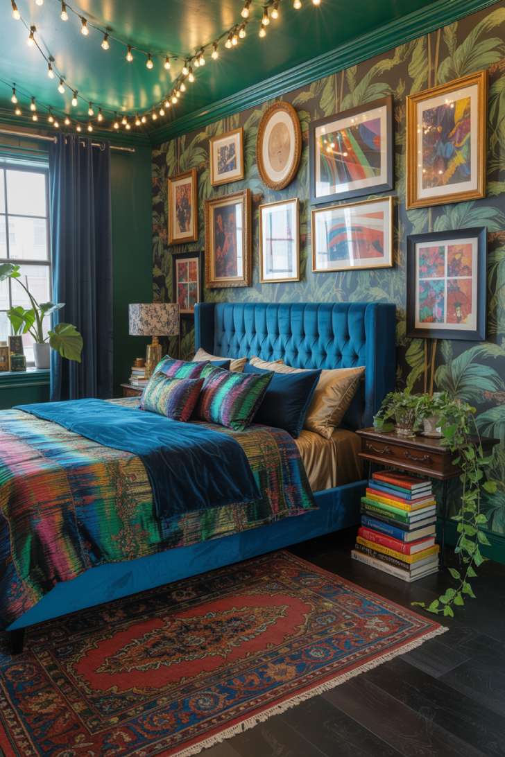 Emerald and sapphire maximalist bedroom with bold botanical wallpaper and cobalt blue velvet headboard