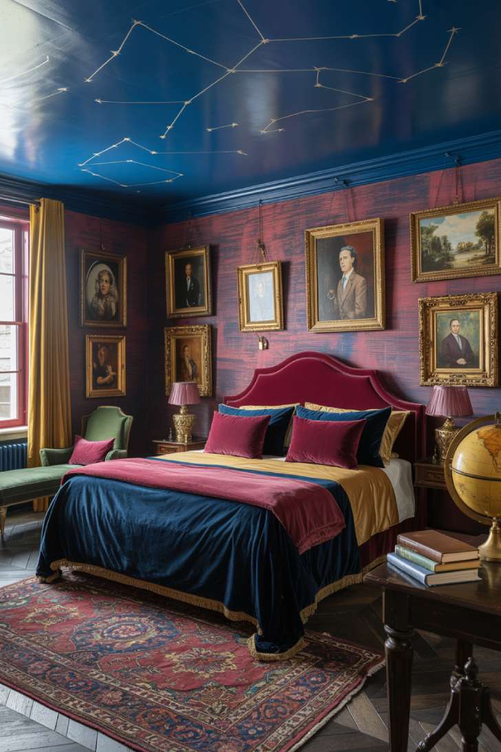 Dramatic maximalist bedroom with gold leaf constellation ceiling, burgundy grasscloth walls, and emerald green chaise lounge