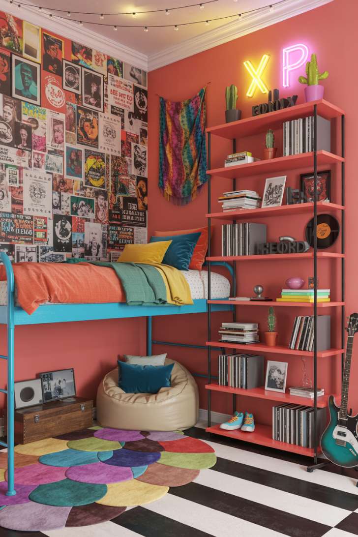 Energetic maximalist bedroom with collage accent wall, turquoise loft bed, neon signs, and checkerboard painted floor