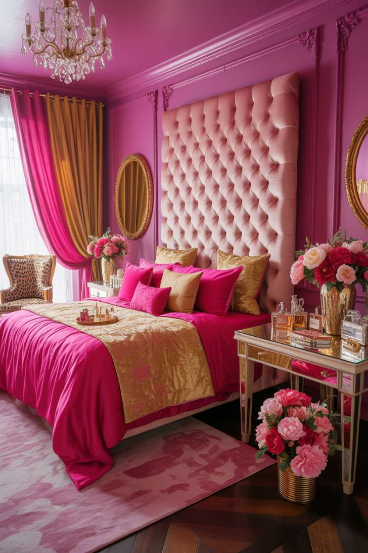 Glamorous Hollywood Regency maximalist bedroom in fuchsia pink and gold with crystal chandelier and tufted velvet bed