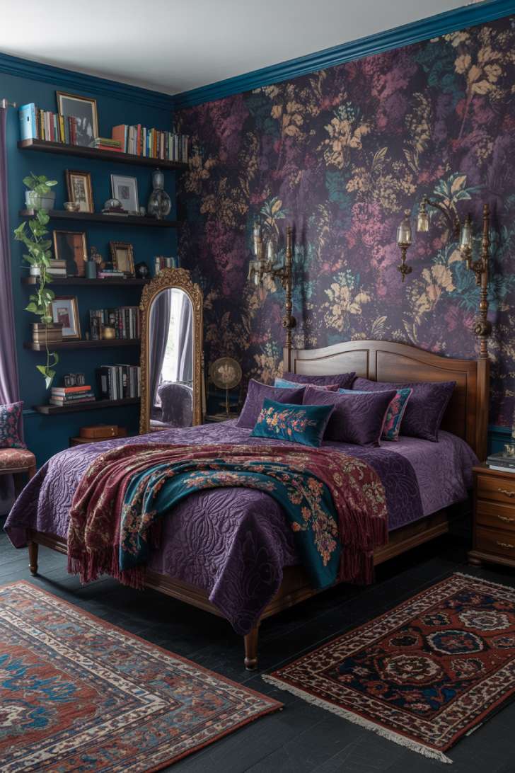 Moody maximalist bedroom in amethyst purple and midnight blue with dark floral wallpaper and four-poster bed