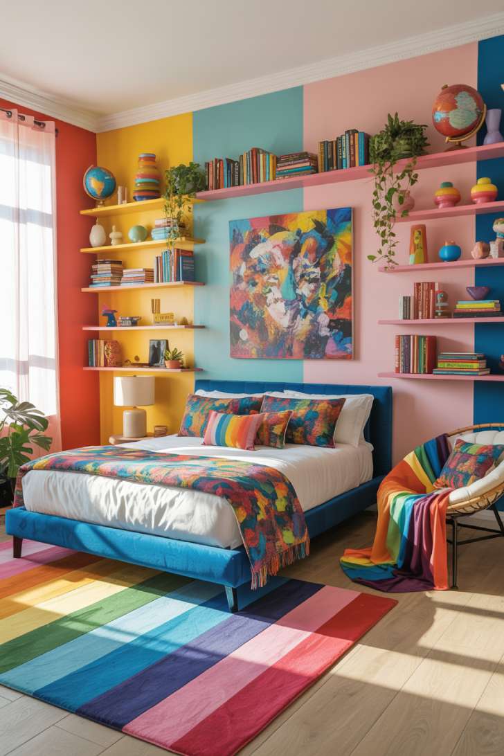 Playful eclectic maximalist bedroom with color-blocked coral, turquoise, and yellow walls and cobalt blue velvet bed