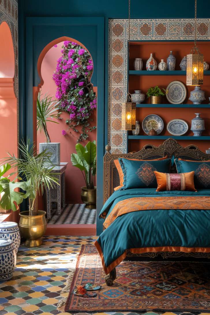 Moorish-inspired maximalist bedroom in deep teal and burnt sienna with carved wood bed and Moroccan lantern pendants