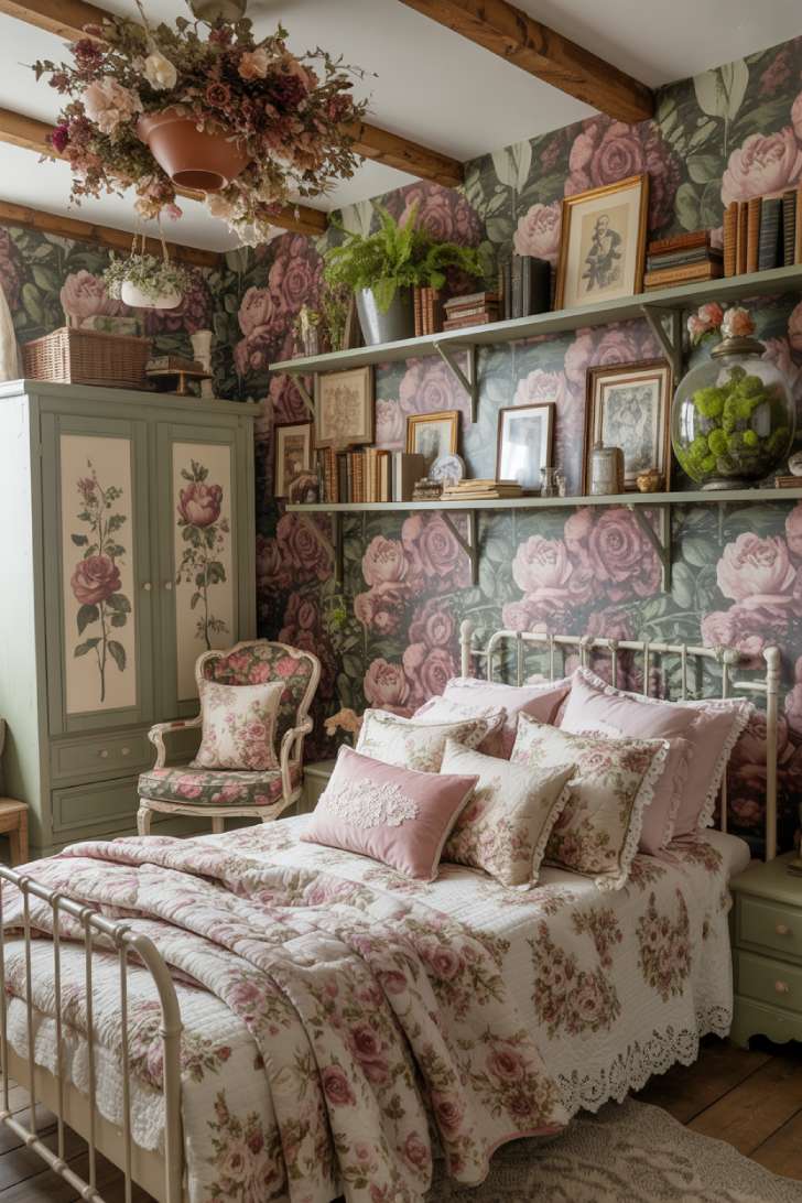 Whimsical cottagecore maximalist bedroom with floor-to-ceiling rose wallpaper, white iron bed, and dried flower arrangements