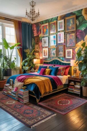 A colorful maximalist bedroom