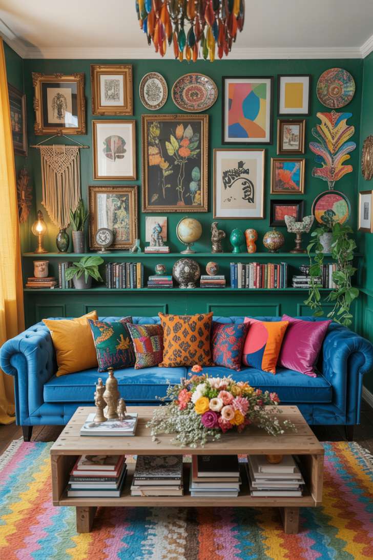 13 Playful Colorful Maximalist Decor Ideas That Spark Joy 1 Emerald green maximalist living room with gallery wall, cobalt velvet sofa, and kilim rug