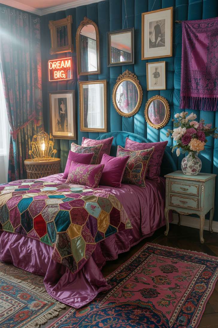 13 Playful Colorful Maximalist Decor Ideas That Spark Joy 2 Sapphire blue velvet upholstered bedroom walls with layered jewel-toned bedding and fairy lights