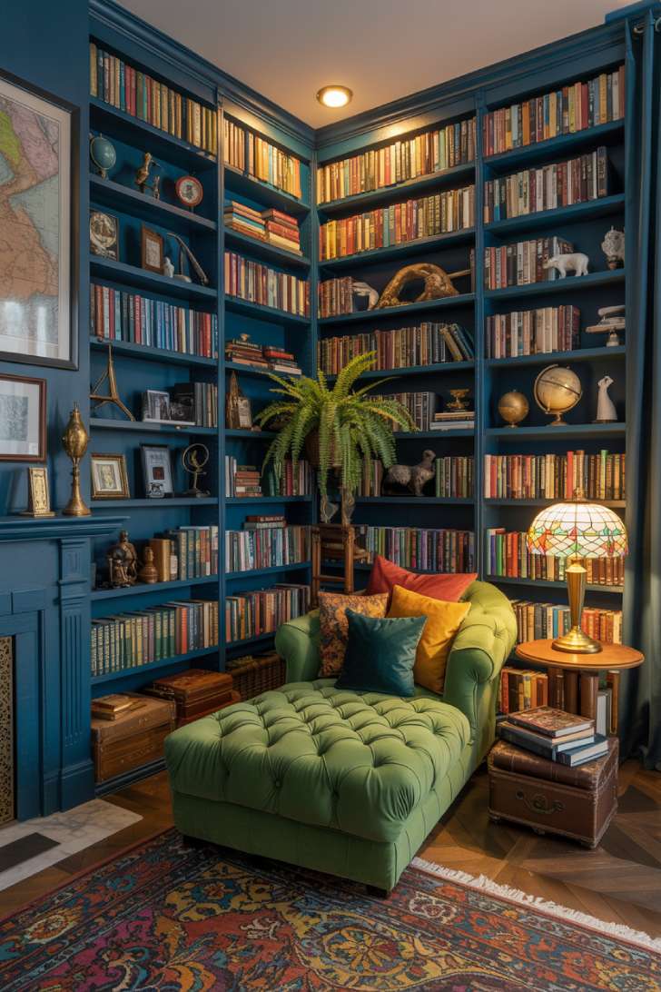 13 Playful Colorful Maximalist Decor Ideas That Spark Joy 4 Navy blue floor-to-ceiling bookshelves with rainbow book arrangement, emerald chaise lounge, and brass library ladder