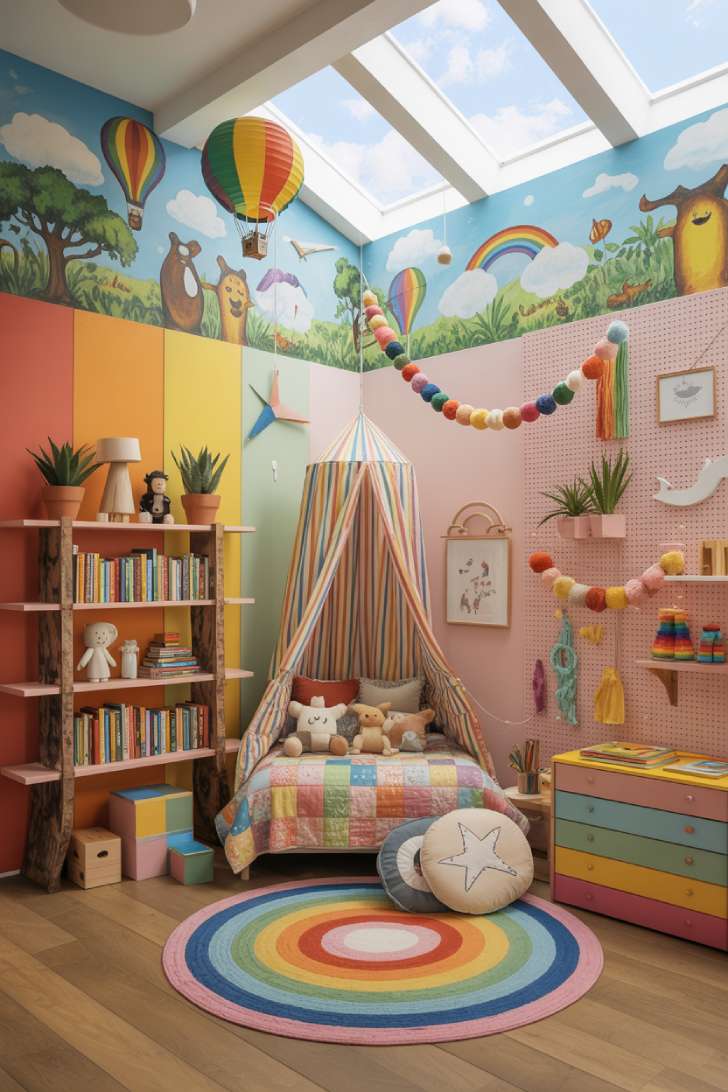 13 Playful Colorful Maximalist Decor Ideas That Spark Joy 5 Rainbow stripe painted children's room with canopy bed, tree bookshelf, and jungle animal mural