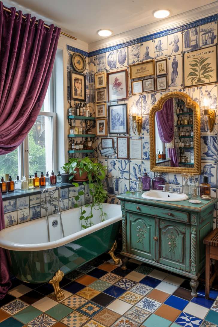 13 Playful Colorful Maximalist Decor Ideas That Spark Joy 7 Clawfoot tub maximalist bathroom with Delft and Moroccan tile walls, teal antique vanity, and gallery wall of vintage prints