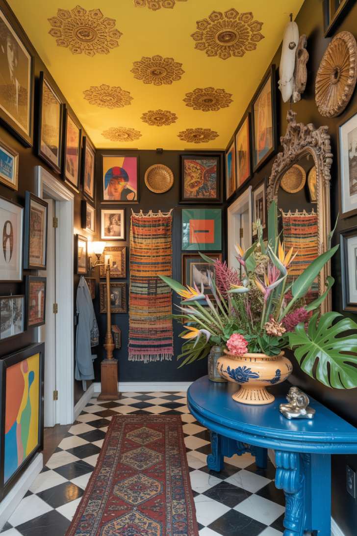 13 Playful Colorful Maximalist Decor Ideas That Spark Joy 8 Double-height saffron yellow entryway with dense gallery walls, cobalt console table, and tropical flower arrangement