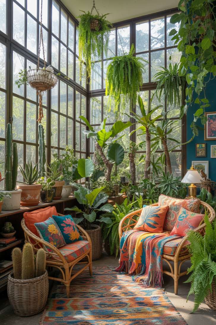 13 Playful Colorful Maximalist Decor Ideas That Spark Joy 9 Plant-filled maximalist sunroom with rattan furniture in coral and turquoise, peacock blue walls, and hanging terrariums