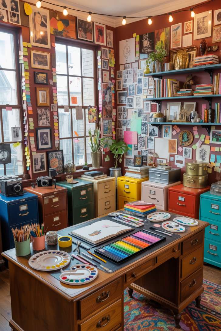 13 Playful Colorful Maximalist Decor Ideas That Spark Joy 10 Terracotta maximalist home office with inspiration wall collage, jewel-toned filing cabinets, and pegboard studio wall