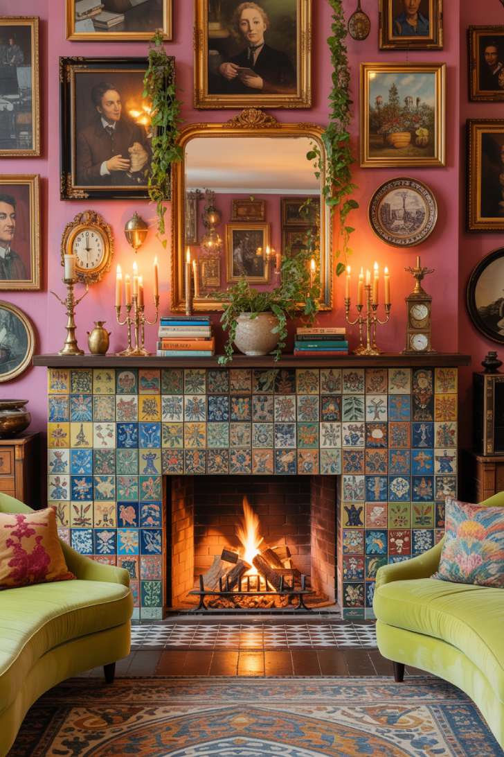 13 Playful Colorful Maximalist Decor Ideas That Spark Joy 11 Raspberry pink living room with mosaic tile fireplace surround, salon-style oil painting hang, and chartreuse velvet curved sofas