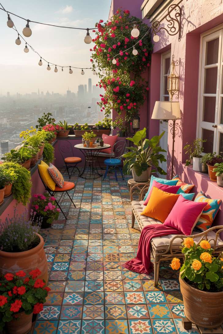 13 Playful Colorful Maximalist Decor Ideas That Spark Joy 12 Colorful maximalist outdoor terrace with encaustic cement tiles, cobalt bistro set, globe lights, and overflowing potted plants