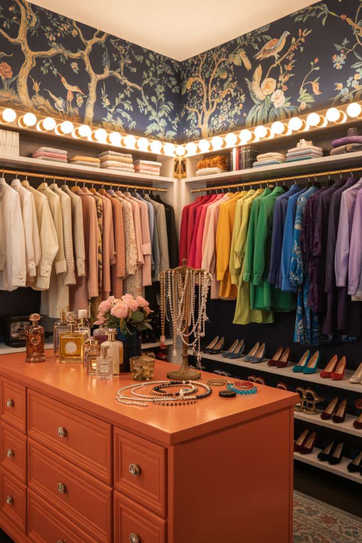 13 Playful Colorful Maximalist Decor Ideas That Spark Joy 13 Midnight blue chinoiserie wallpaper dressing room with rainbow-organized wardrobe, coral lacquer island dresser, and Hollywood vanity lighting