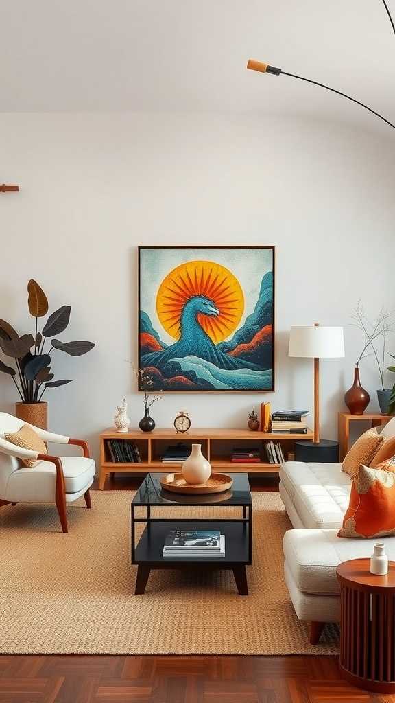 A cozy Japandi living room featuring colorful art pieces with a vibrant painting, neutral furniture, and warm accents.