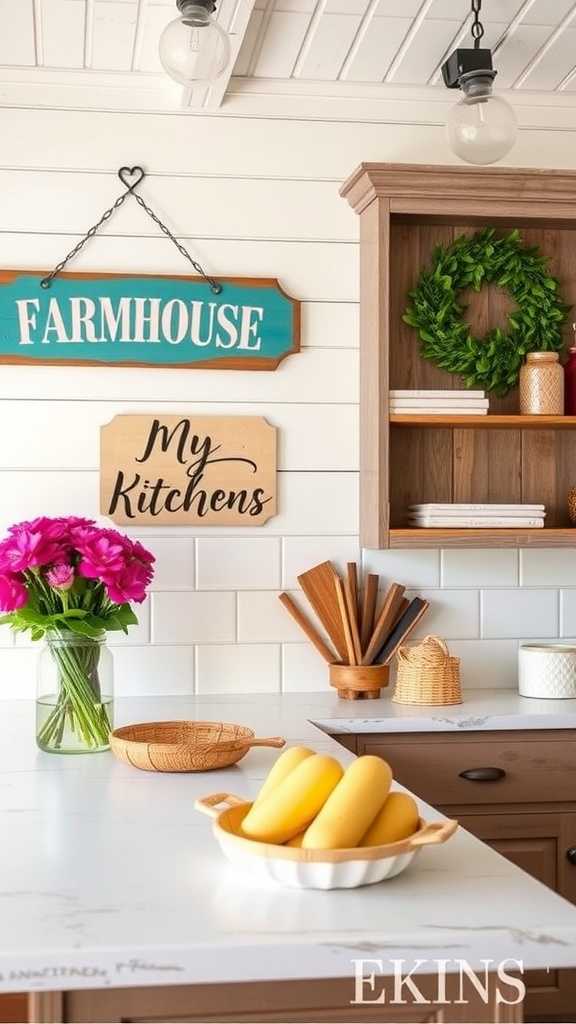 A cozy farmhouse kitchen with colorful decor, featuring wooden shelves and various signs.