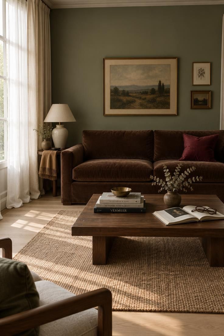 The Bold Colors That Go with Sage Green for a Room with Personality 1 A sage green living room with a chocolate brown velvet sofa, ivory curtains, and a single burgundy cushion.