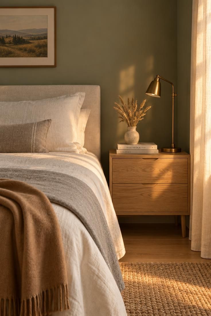 The Bold Colors That Go with Sage Green for a Room with Personality 2 A sage green bedroom with ivory linen bedding, a pale oak nightstand, and a camel throw in warm golden light.
