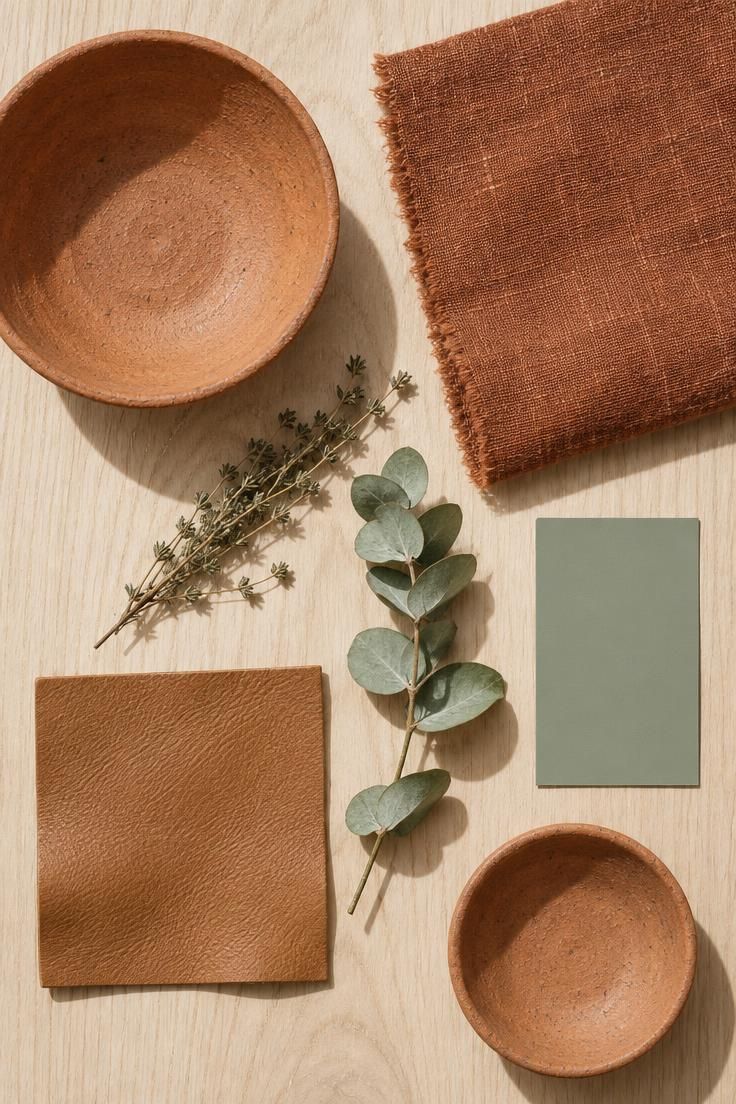 The Bold Colors That Go with Sage Green for a Room with Personality 3 An overhead flat-lay of terracotta ceramics, rust linen, camel leather, and a sage paint chip on pale wood.